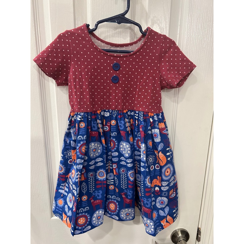 Eleanor Rose Rhonda Dress Red Blue Polka Dot Woodland Animal Print Pockets 4-5